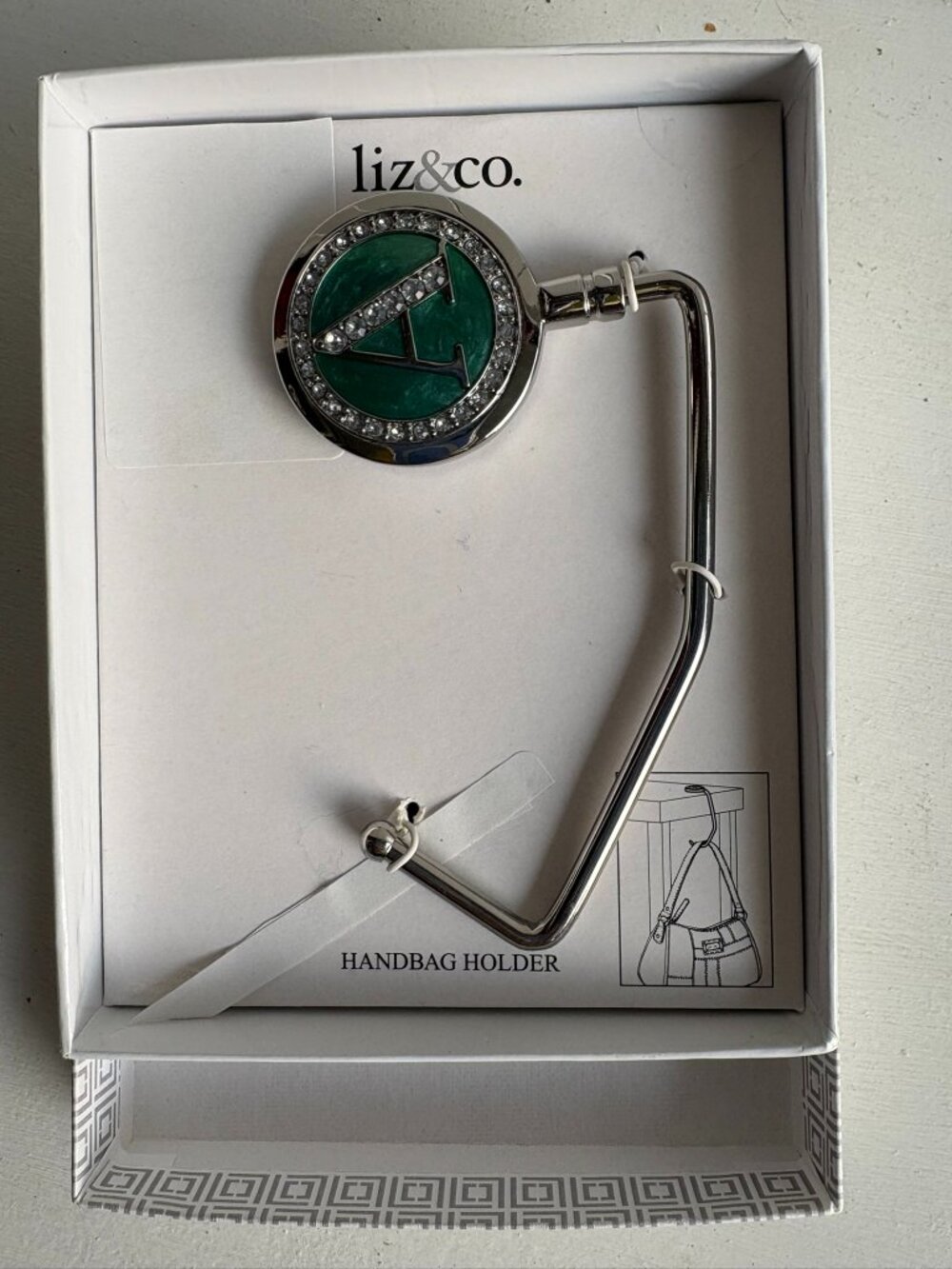 NIB, Liz Claiborne silver handbag holder, "A" surrounded by rhinestones